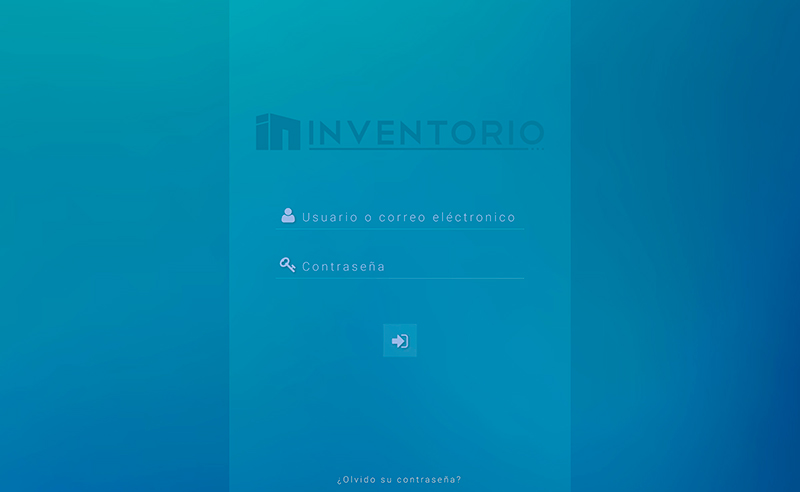 The login screen for the "Inventorio" software, with fields for username and password.