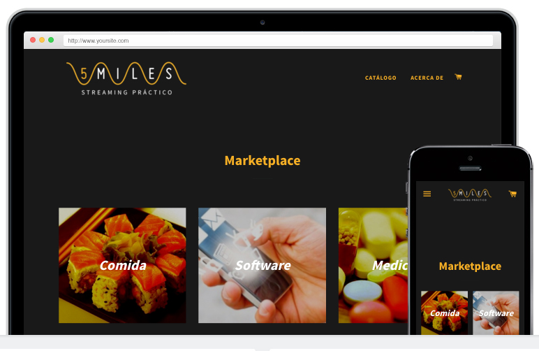 Responsive marketplace website design for "5MILES STREAMING PRÁCTICO" shown on a laptop and smartphone.