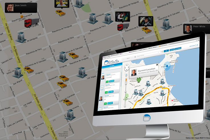 A composite image showcasing a logistics or fleet tracking system, with a computer monitor displaying the "Bliss" app overlaid on a larger map.