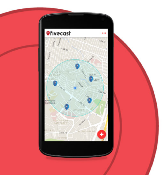 The "fivecast" application displayed on a smartphone, featuring a map with a geofenced area.