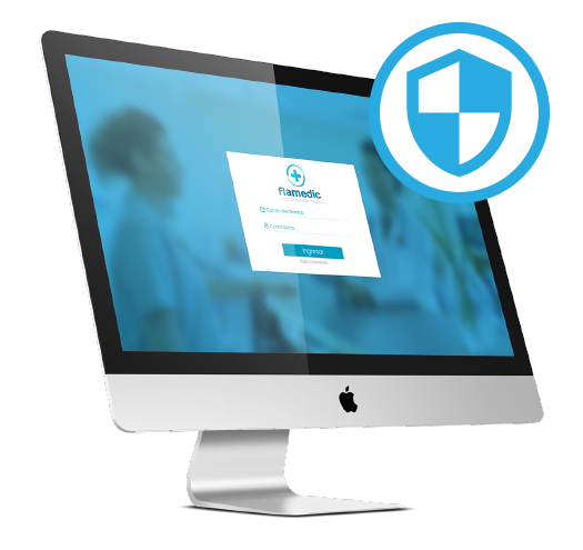 An iMac displaying the "Flamedic" application login screen, with a large blue security shield icon overlaid to represent data protection.