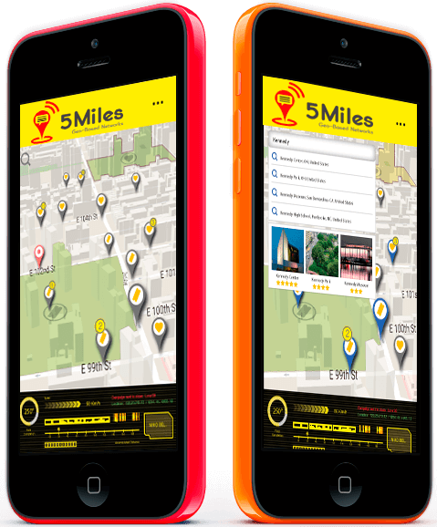 Two smartphones displaying the "5Miles" app,