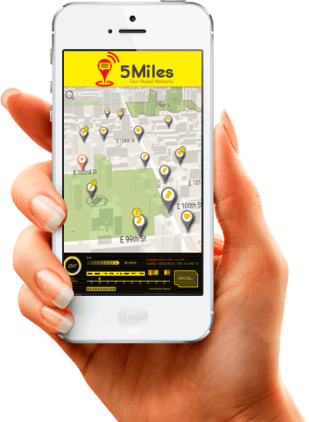 Hand holding a smartphone displaying the "5Miles" app with a local map and multiple location pins.