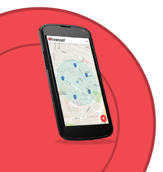 A smartphone displaying the "fivecast" application, showing a map with a circular area of interest and multiple location pins.