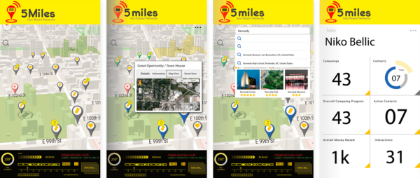 Four-panel showcase of the "5miles" app, demonstrating map view, location details, search functionality, and a user statistics dashboard.