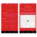 A six-panel storyboard of the "ema" emergency assistance app,