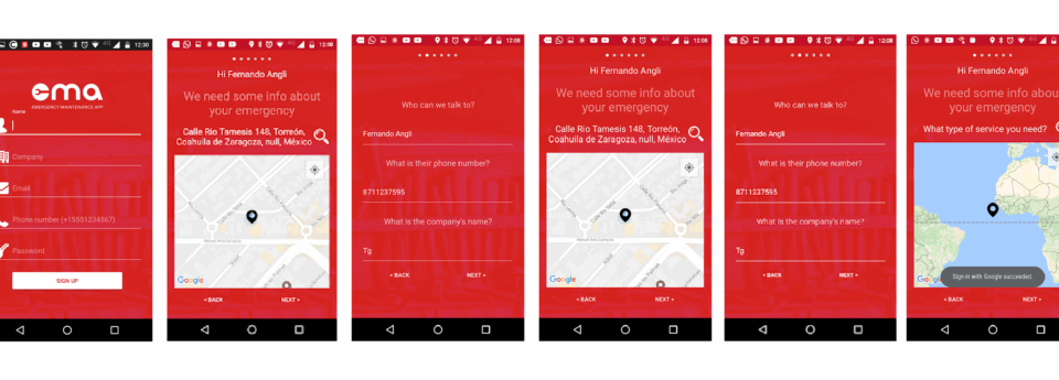 A six-panel storyboard of the "ema" emergency assistance app,