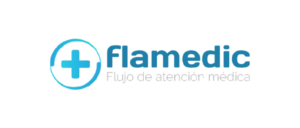 The logo for the "Flamedic" company, featuring a medical cross icon and the Spanish tagline "Flujo de atención médica."